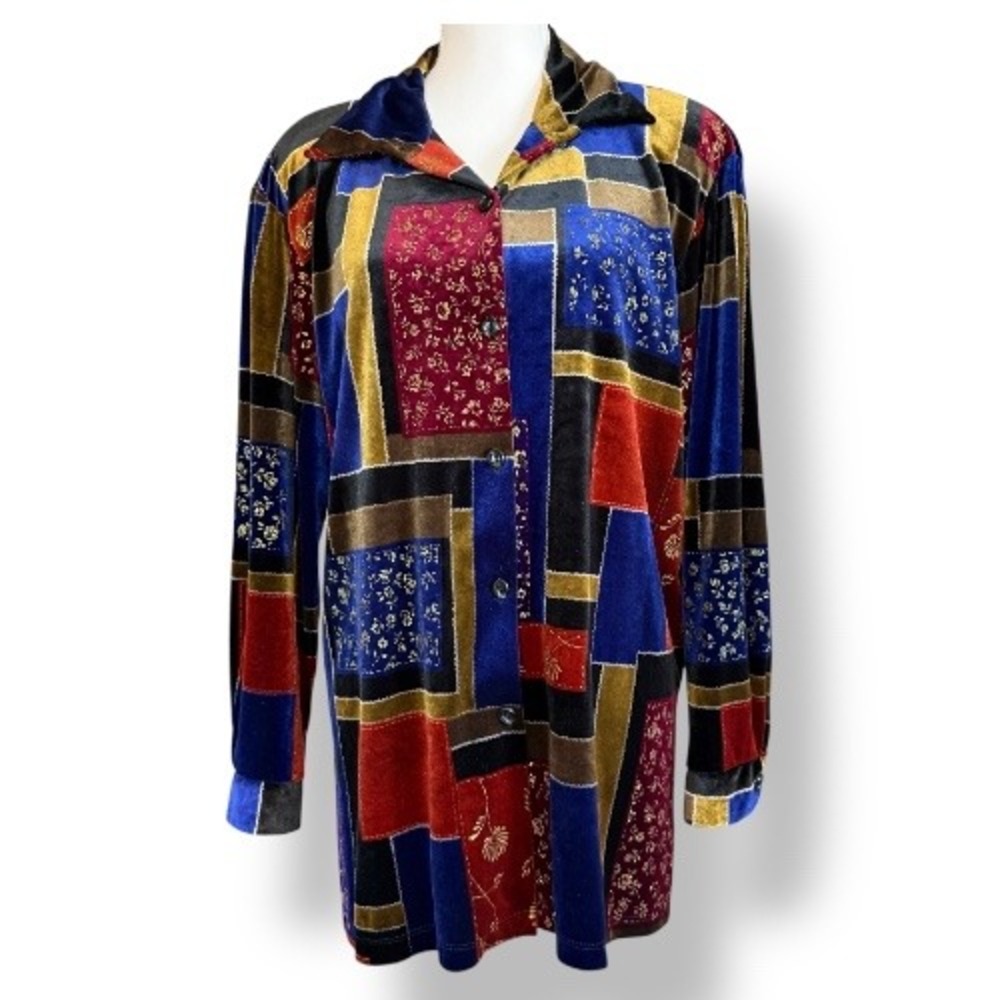 Susan Graver Style Patchwork Velvet Button Down Long Sleeve Top -‎ Size M